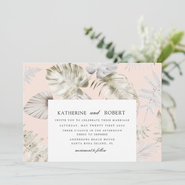 Luxurious Silver Tropical Foliage Wedding Invitation (Standing Front)