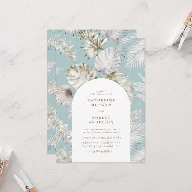 Luxurious Silver Tropical Foliage Wedding Invitation (Front/Back In Situ)