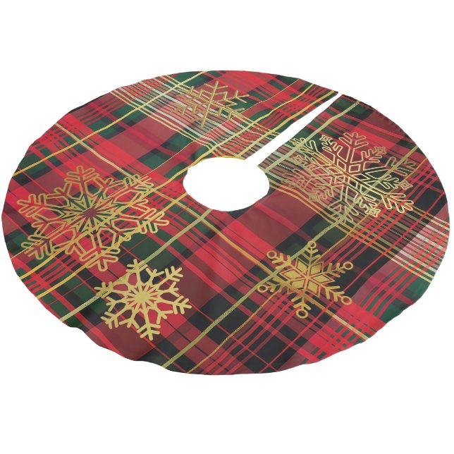 Luxurious Tartan Red, Green, and Gold Christmas Brushed Polyester Tree Skirt (Angled)