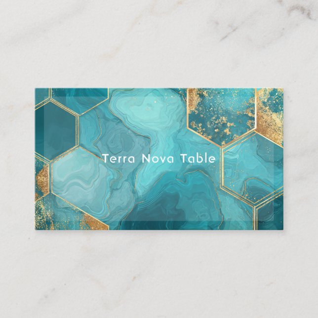 Luxurious Teal Agate & Gold Glitter Hexagon Business Card (Front)