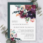 Luxurious Teal and Wine Floral Wedding Invitation<br><div class="desc">Perfect for fall and winter weddings, this elegant invitation design has a sumptuous bouquet in painted watercolor hues of dark wine, eggplant purple, burnt orange, marsala red, deepest rose pink, beige, teal and green. The back of the invitation is a matching teal colour. The look is carefree contemporary elegance. Personalise...</div>