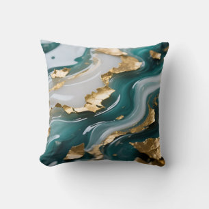 Luxurious Teal Gold Leaf Fluid Marble Cushion