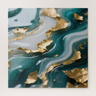 Luxurious Teal Gold Leaf Fluid Marble Jigsaw Puzzle