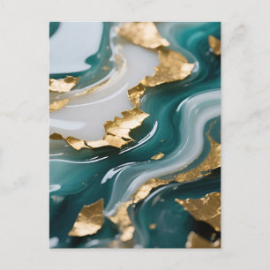 Luxurious Teal Gold Leaf Fluid Marble Postcard