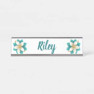Luxurious Teal Ivory Floral Name Desk Name Plate