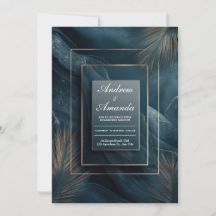 Luxurious Teal Marble Gold Frame Abstract Palm Invitation