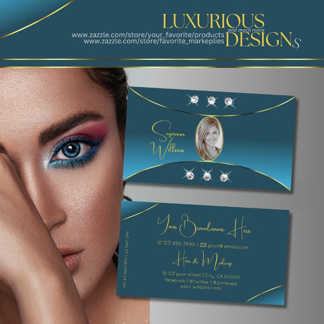Luxurious Teal with Gold Decor Jewels and Photo Business Card (Creator Uploaded)