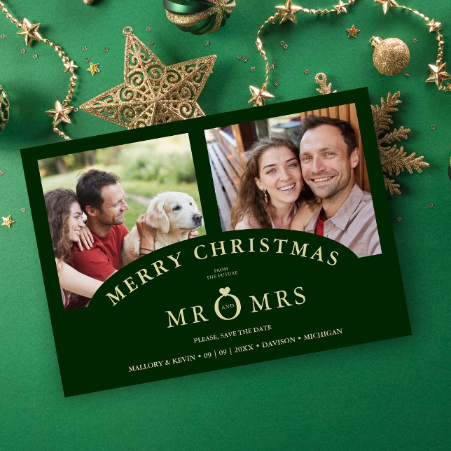 Luxurious Trendy Dark Green Christmas 2 Photos Save The Date (Luxurious Trendy Dark Green Christmas 2 Photos Wedding Save the Date Card as a Holiday Card.)