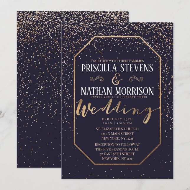 Luxurious Trendy Gold Confetti Navy Blue Wedding Invitation (Front/Back)