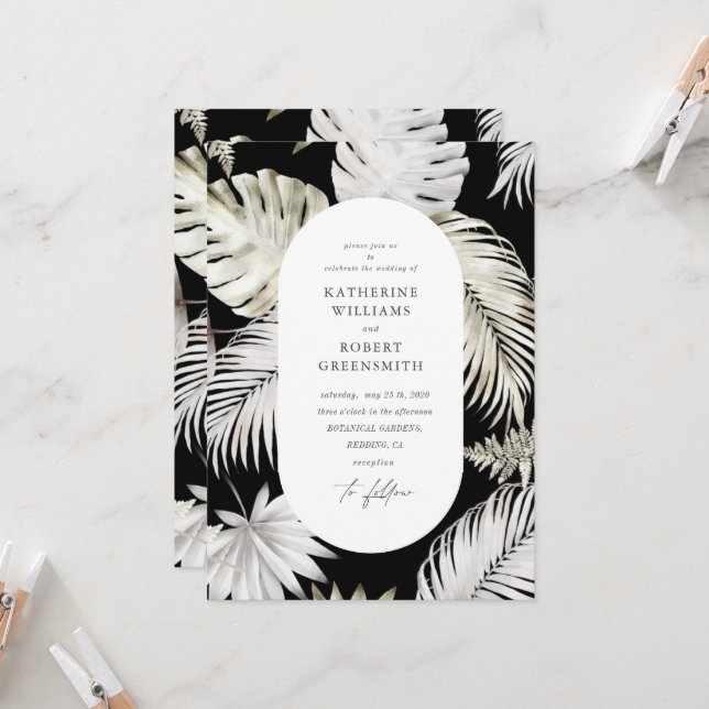 Luxurious Tropical Foliage Black Wedding Invitation (Front/Back In Situ)
