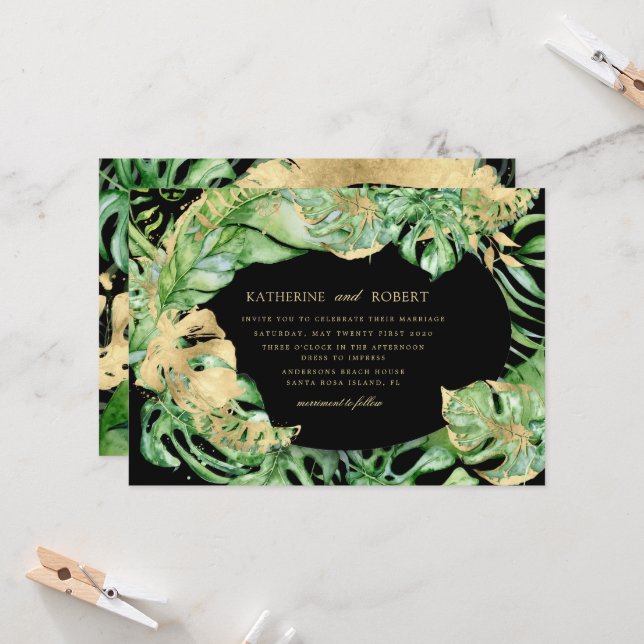 Luxurious Tropical Golden Foliage Wedding Invitation (Front/Back In Situ)