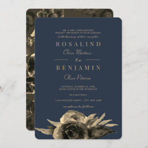 Luxurious Unique Navy Blue Golden Floral Wedding Invitation