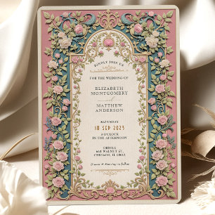 Luxurious Victorian Wedding Pink Roses & Gold Invitation