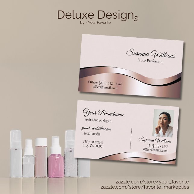 Luxurious Waved Rose Gold Decor with Photo Deluxe Business Card (Creator Uploaded)