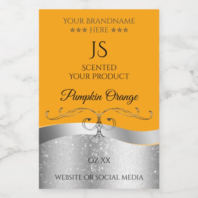Luxurious Wavy Silver Decor Orange Monogram Label (Single Label)