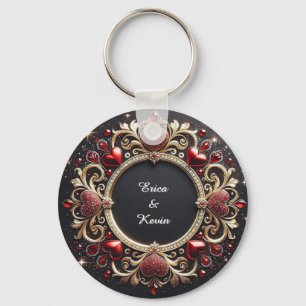 Luxurious Wedding Gold Frame With Red Hearts Key Ring