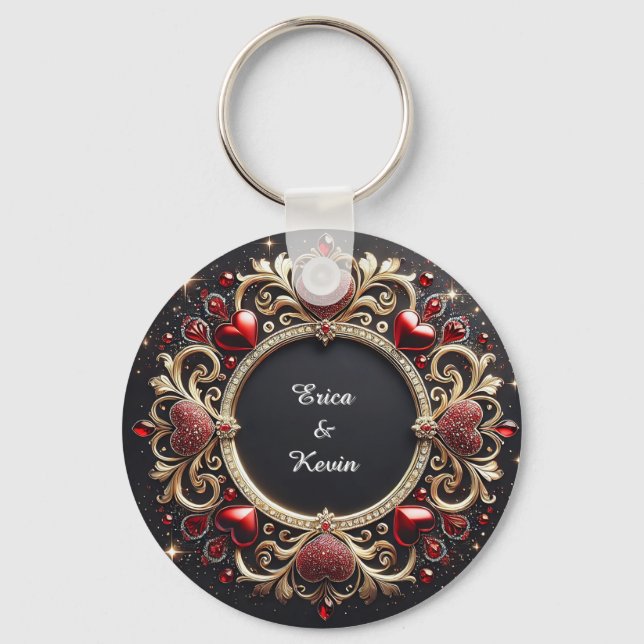 Luxurious Wedding Gold Frame With Red Hearts Key Ring (Front)