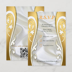 Luxurious, White, Flowing Silk & Gold Roses. RSVP Card