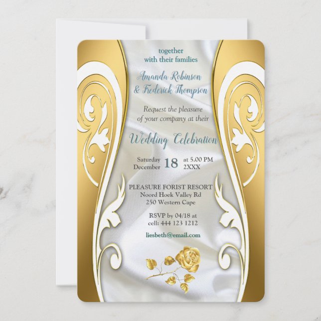 Luxurious, White, Flowing Silk & White Roses. Invitation (Front)