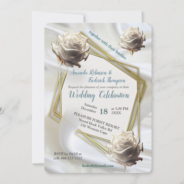 Luxurious, White, Flowing Silk & White Roses. Invitation (Front)