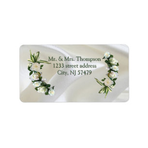 Luxurious, White, Flowing Silk & White Roses. Label