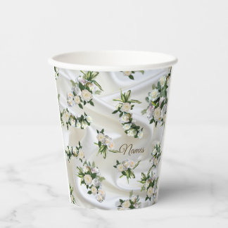 Luxurious, White, Flowing Silk & White Roses. Paper Cups