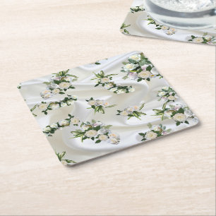 Luxurious, White, Flowing Silk & White Roses. Square Paper Coaster
