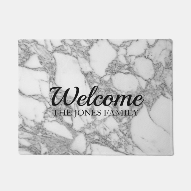 Luxurious white marble stone print welcome doormat (Front)
