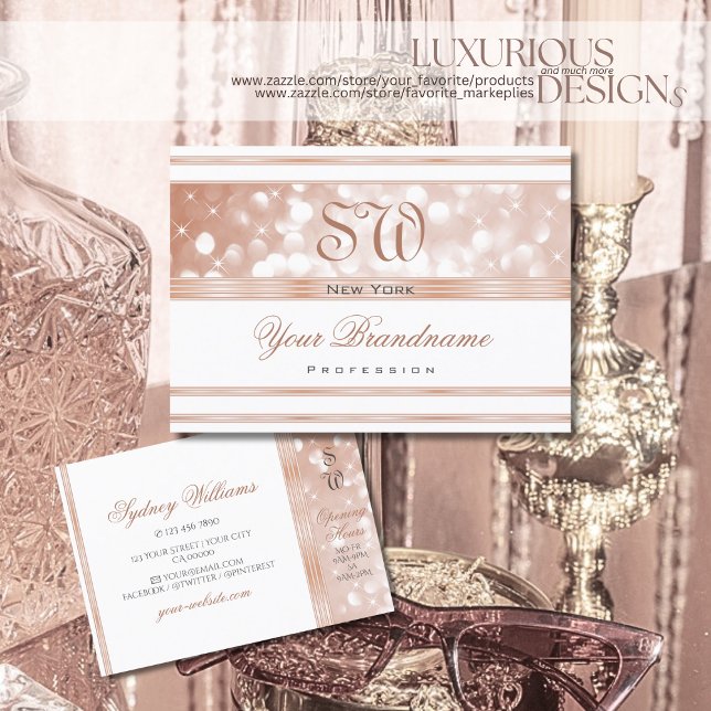 Luxurious White Rose Gold Sparkle Glitter Monogram Business Card (Creator Uploaded)