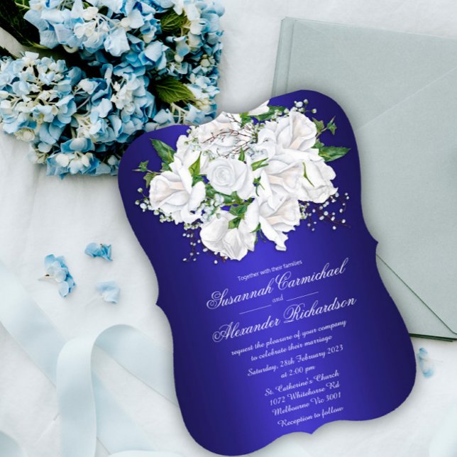 Luxurious White Roses and Dark Blue Wedding  Invitation (Creator Uploaded)