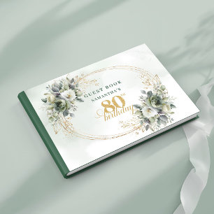 Luxurious White Roses Gold 80th Birthday Guest Book