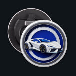 Luxurious White Sports Car Emblem Bottle Opener<br><div class="desc">A sleek and stylish white sports car featured in a metallic emblem,  set against a vibrant blue background,  emphasising speed,  luxury,  and modern automotive aesthetics.</div>