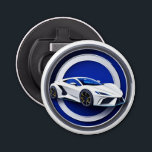 Luxurious White Sports Car Emblem Bottle Opener<br><div class="desc">A sleek and stylish white sports car featured in a metallic emblem,  set against a vibrant blue background,  emphasising speed,  luxury,  and modern automotive aesthetics.</div>