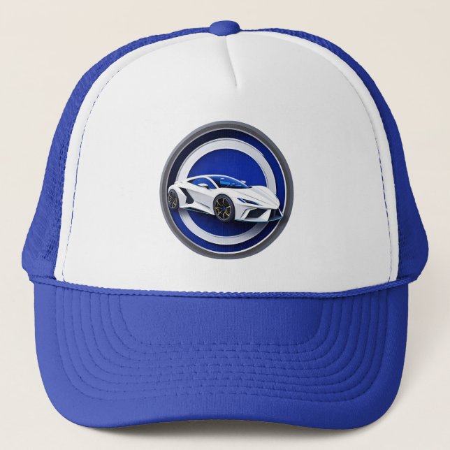 Luxurious White Sports Car Emblem Trucker Hat (Front)