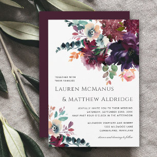 Luxurious Wine Elegant Watercolor Bouquet Wedding Invitation