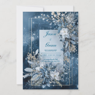 Luxurious Winter Celestial Blue Floral Gold Frame Invitation