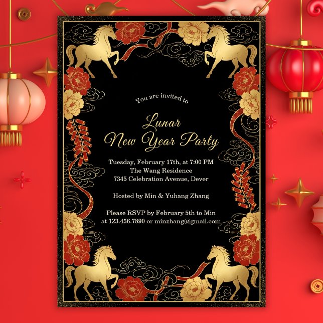 Luxurious Year of the Horse 2026 Lunar New Year Invitation (Black and Gold Chinoiserie Lunar New Year 2026 Party Invitation)