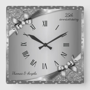 Luxury 25th Anniversary Metallic Silver & Diamond  Square Wall Clock