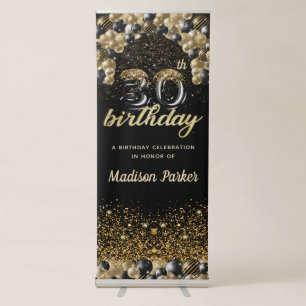 Luxury 30th Birthday Black Gold Balloon Retractable Banner