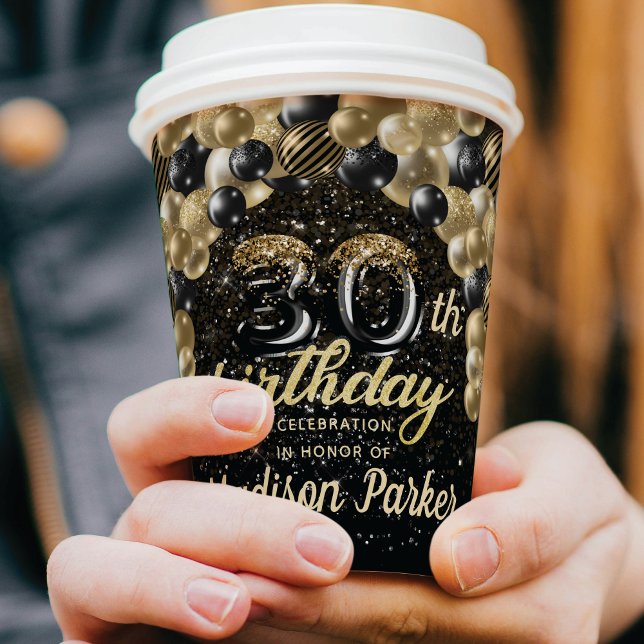 Luxury 30th Birthday Black Gold Personalised  Paper Cups (Creator Uploaded)