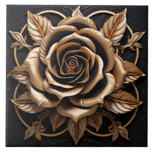 Luxury 3D Black And Gold Copper Rose Decor Print Tile