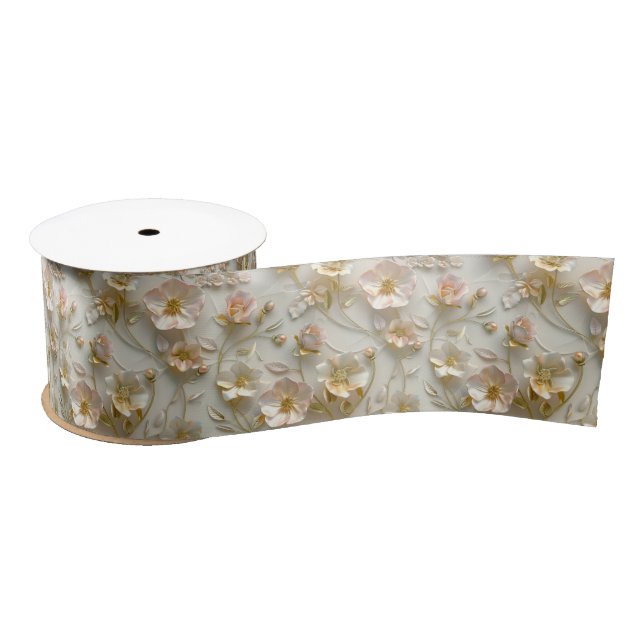 Luxury 3D Embossed Floral Gold Foil Elegant Gift Satin Ribbon (Spool)