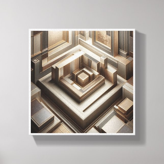 Luxury 3D Geometric Maze - Modern Gold & Grey Arch Canvas Print (Front)