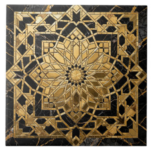 Luxury 3D Gold Leaf Black Marble Moroccan Zellij Tile