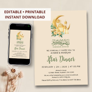 Luxury 3D Gold Mosque and Crescent Moon Iiftar Invitation