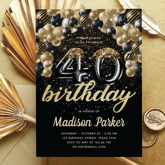 Luxury 40th Birthday Black Gold Balloon Glitter Invitation (Creator Uploaded)