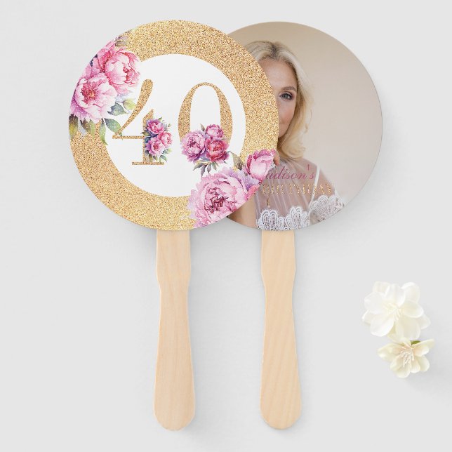 Luxury 40th Birthday Custom Photo Glitter Hand Fan (Front and Back)