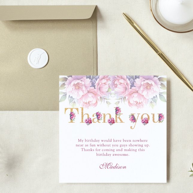 Luxury 40th Birthday Floral Pink Gold Glitter Thank You Card (Creator Uploaded)