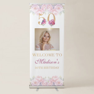 Luxury 40th Birthday Floral Pink Gold Welcome Retractable Banner