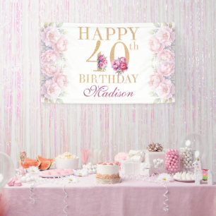 Luxury 40th Birthday Peonies Pink Gold Glitter Banner